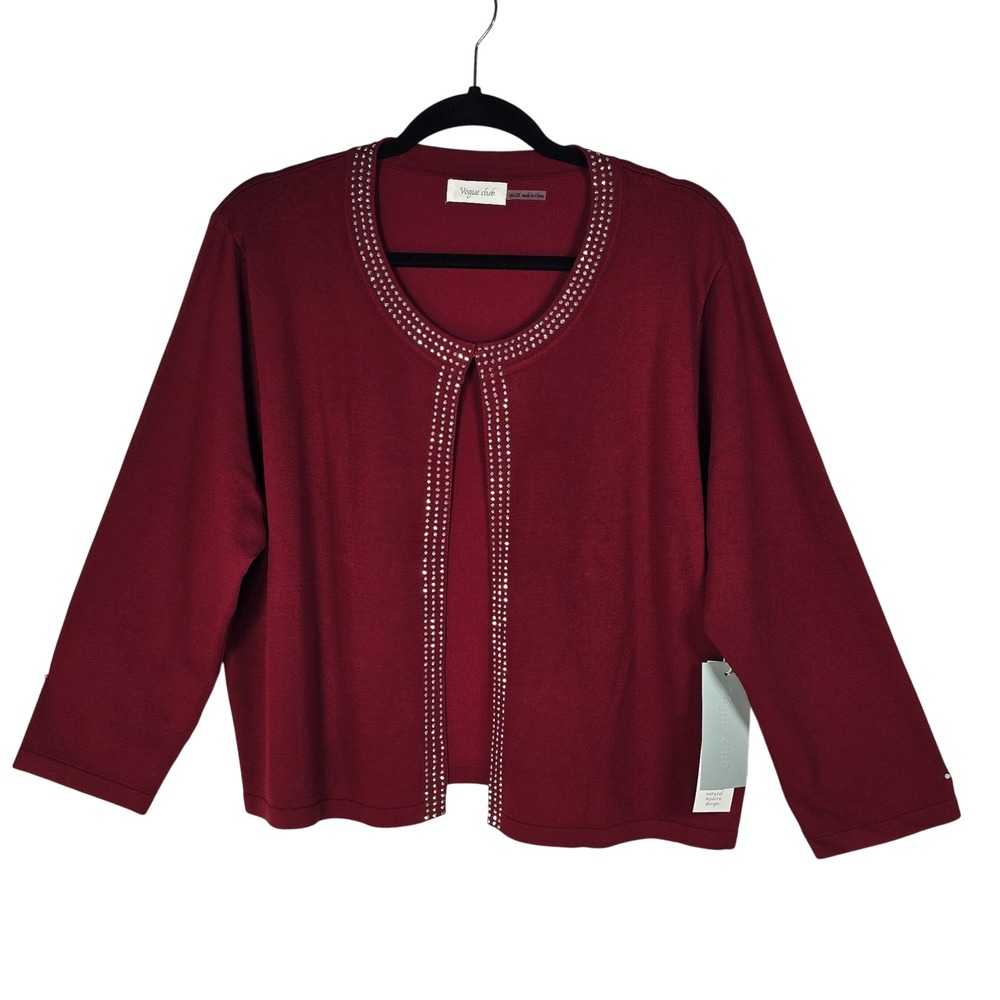 Vogue Club Burgundy Rhinestone‎ Open Front Cardigan Sweater Plus Size 2X NWT